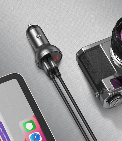Ładowarka samochodowa Baseus z wyświetlaczem, 2x USB, 4,8A, 24W (szara)