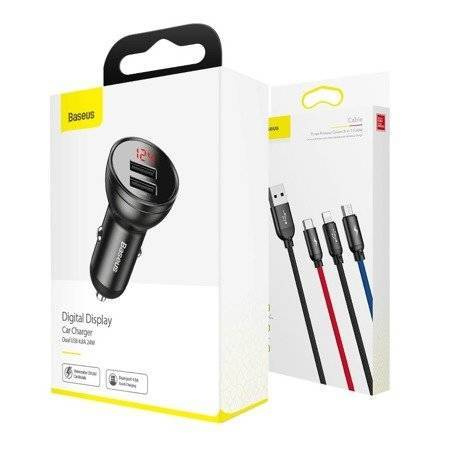 Ładowarka samochodowa Baseus z wyświetlaczem 24W + kabel USB 3w1 Baseus Three Primary Colors 1,2m