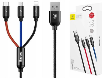 Baseus kabel 3w1 | 1.2m | MicroUSB | USB-C | Lightning | 3,5A