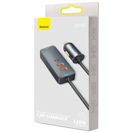 Baseus Share Together car charger with extension cable, 2x USB, 2x USB-C, 120W (gray)