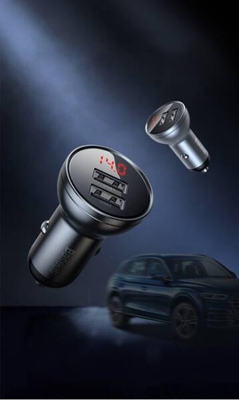 Ładowarka samochodowa Baseus z wyświetlaczem, 2x USB, 4,8A, 24W (szara)