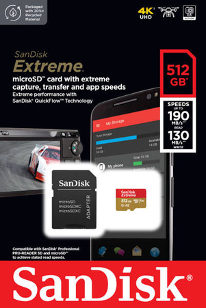 KARTA SANDISK EXTREME microSDXC 512 GB 190/130 MB/s A2 C10 V30 UHS-I U3