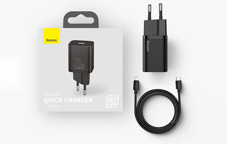 Baseus Super Si Quick Charger 1C 20W wall charger with USB-C to Lightning 1m cable (black)