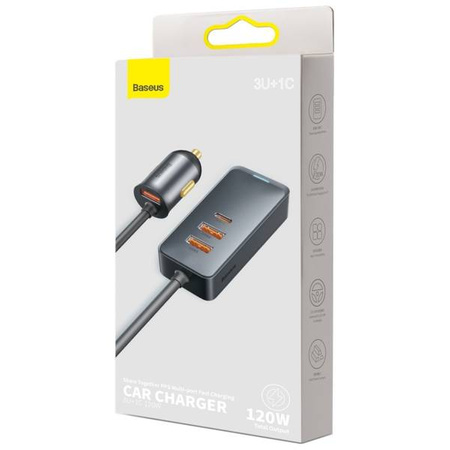 Baseus Share Together car charger with extension cable, 3x USB, 1x USB-C, 120W (gray)