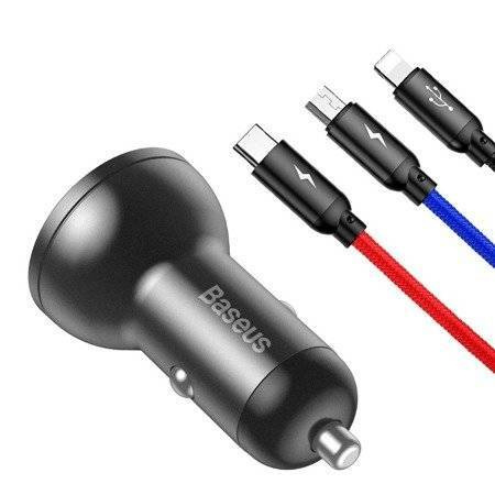 Ładowarka samochodowa Baseus z wyświetlaczem 24W + kabel USB 3w1 Baseus Three Primary Colors 1,2m