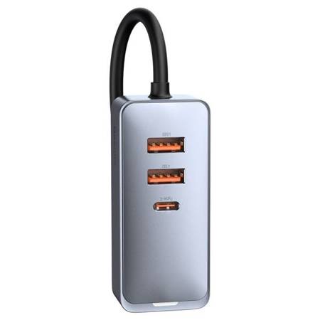 Ładowarka samochodowa Baseus Share Together z przedłużaczem, 3x USB, 1x USB-C, 120W (szara)