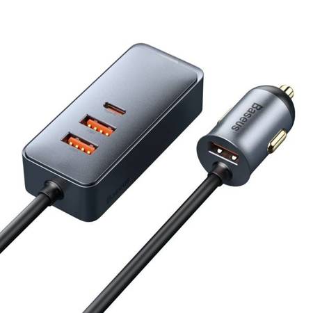 Ładowarka samochodowa Baseus Share Together z przedłużaczem, 3x USB, 1x USB-C, 120W (szara)